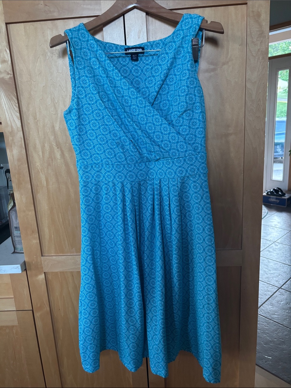Lands' End Turquoise Geometric Sleeveless Fit-and-Flare Dress-Size MT-